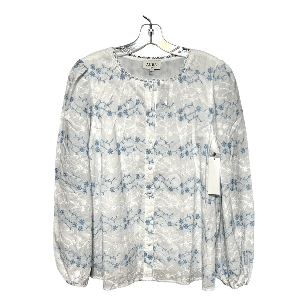 Aura Floral Embroidered Lace Trim Long Sleeve Button Front Top White Blue Medium
